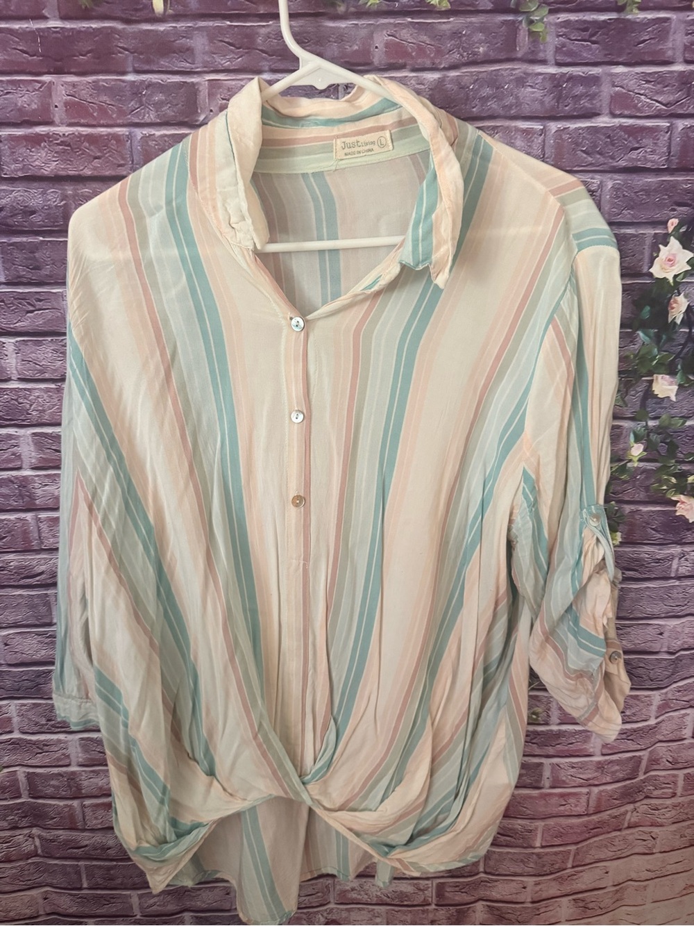 Just Living Button-Front Striped Top in Peach & Teal pretty for summer